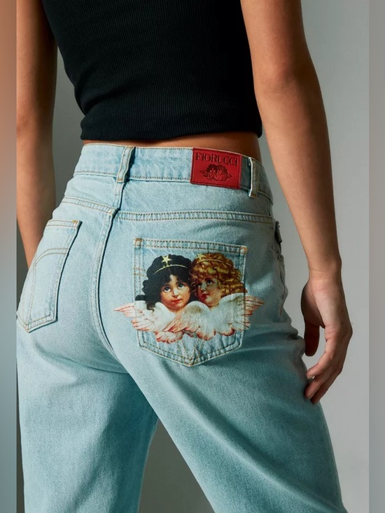 Fiorucci Denim - Fiorucci Light Blue Denim Wide Leg Jeans with Cherub Pocket Patch